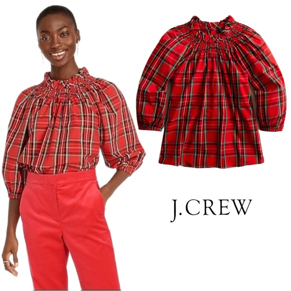 J. Crew Tops - NEW J Crew Smocked-neck top in Good Tidings Holiday plaid Blouse
